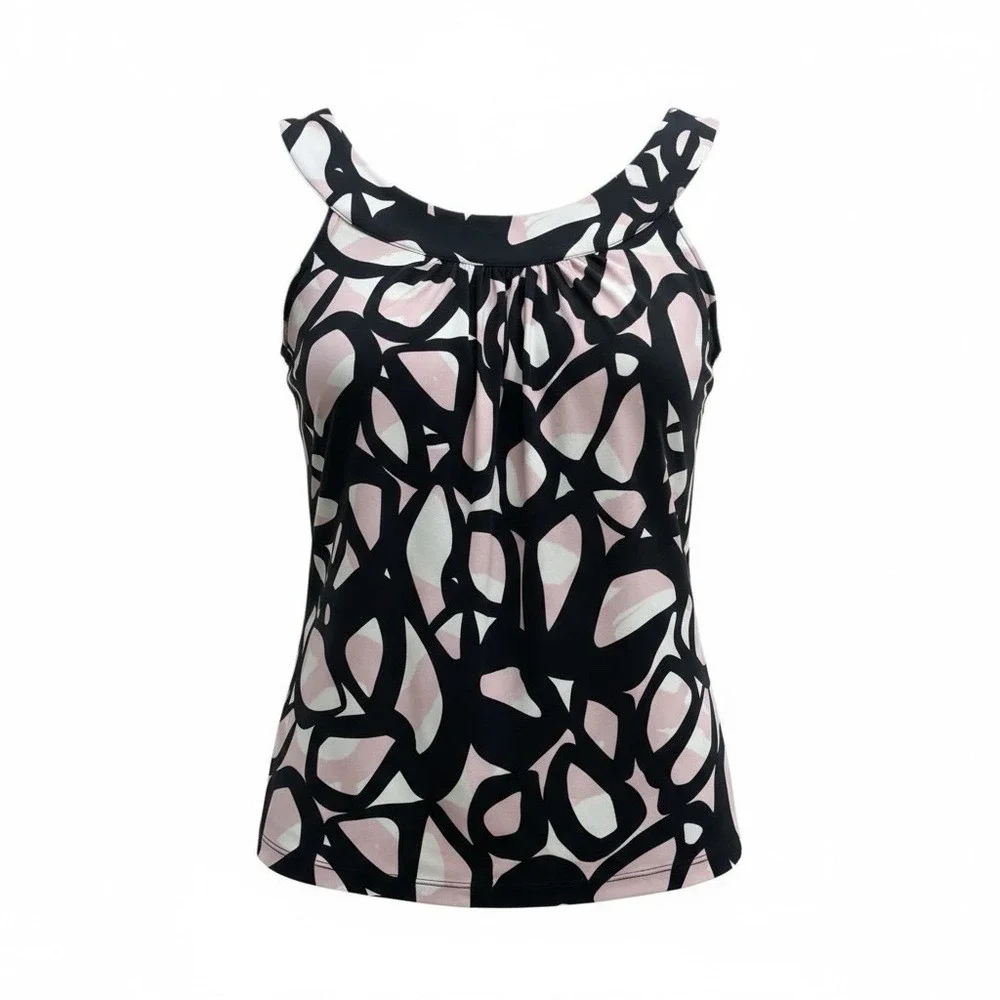 Calvin Klein Sleeveless Cowl Neck Top Blouse Pink Black Stretchy Size S RN#54163